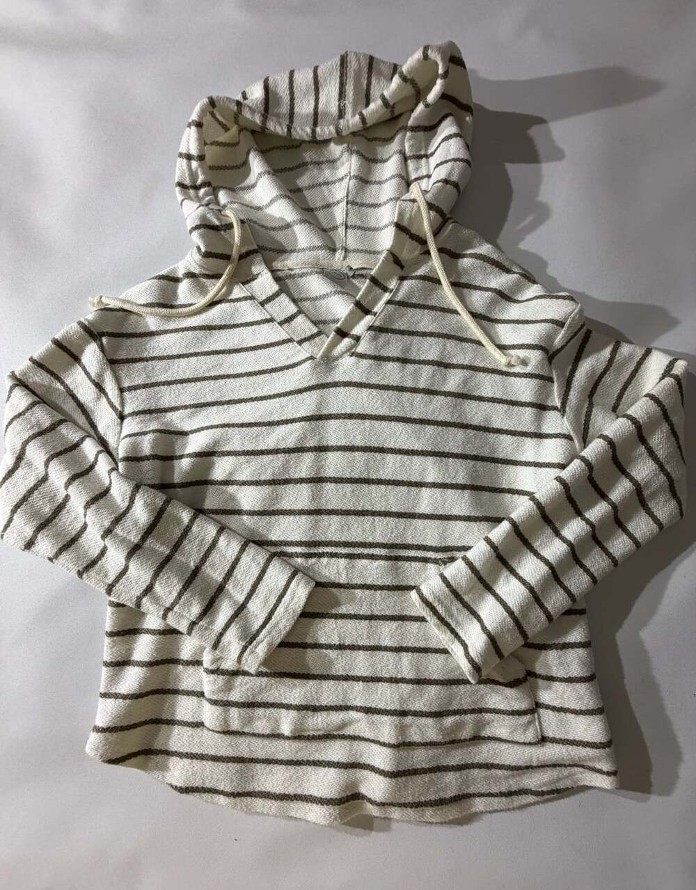 Paper Crane XS Cream Brown Stripe Hoodie Sweatshirt Drawstring Cozy Y2K